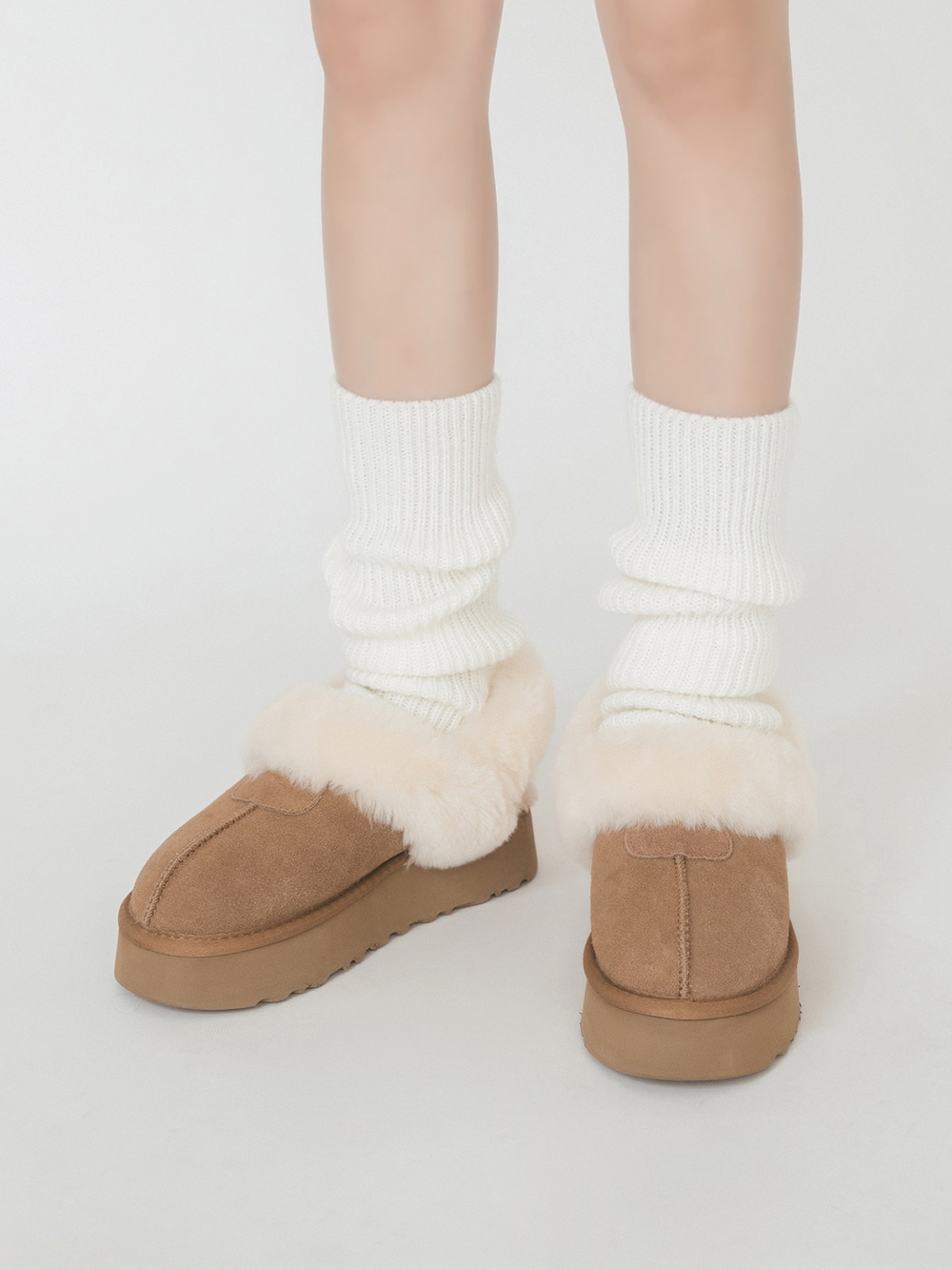 軟綿萌寵．真皮羊毛厚底後拉帶雪靴拖鞋 曠野駝