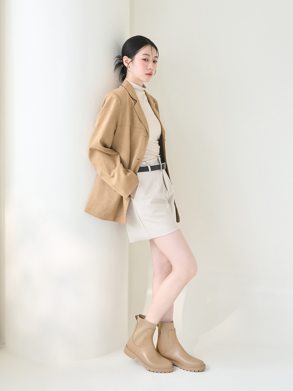 【機能鞋墊】針織拼接切爾西短筒雨靴 杏色