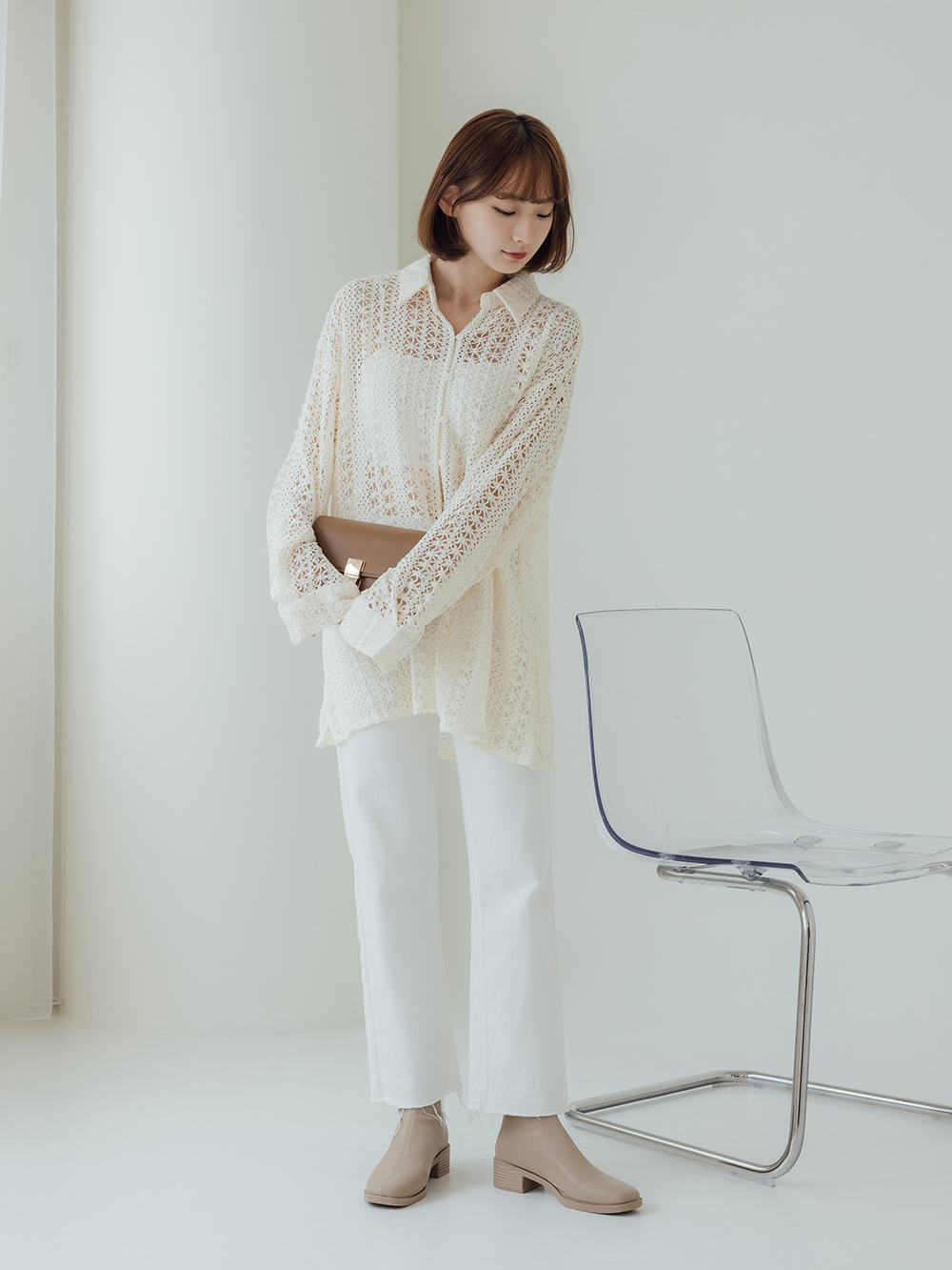 百搭時尚．中車線方頭木紋跟襪靴 奶茶杏