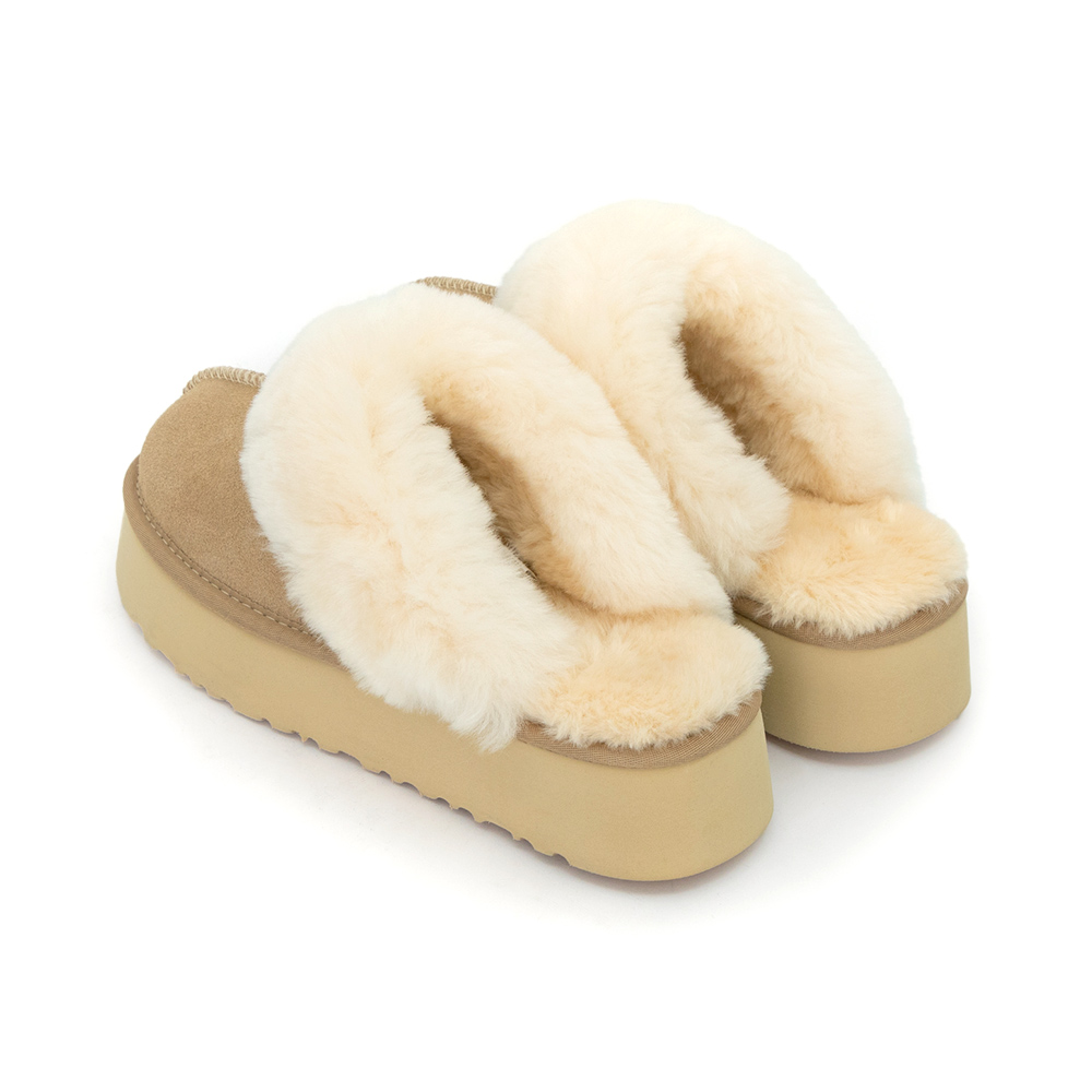 雪地精靈．真皮羊毛厚底雪靴拖鞋 沙色