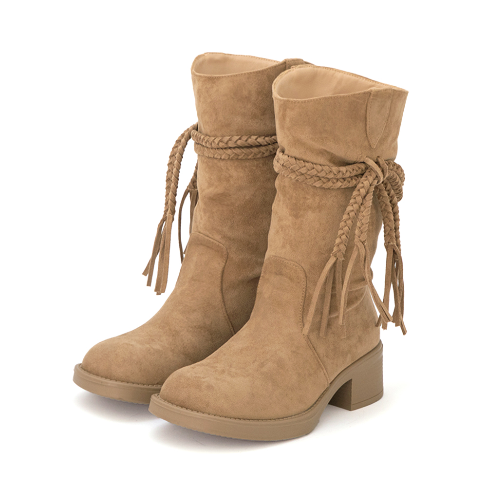 沙漠游牧風流蘇V口西部短靴 杏色