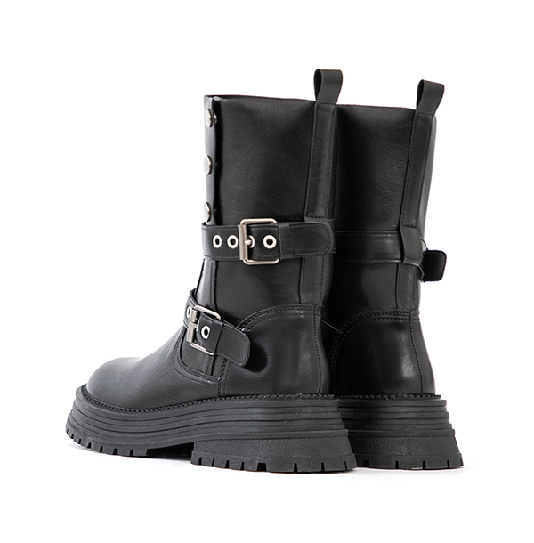 復古騎士釦環排釦機車短靴 黑色