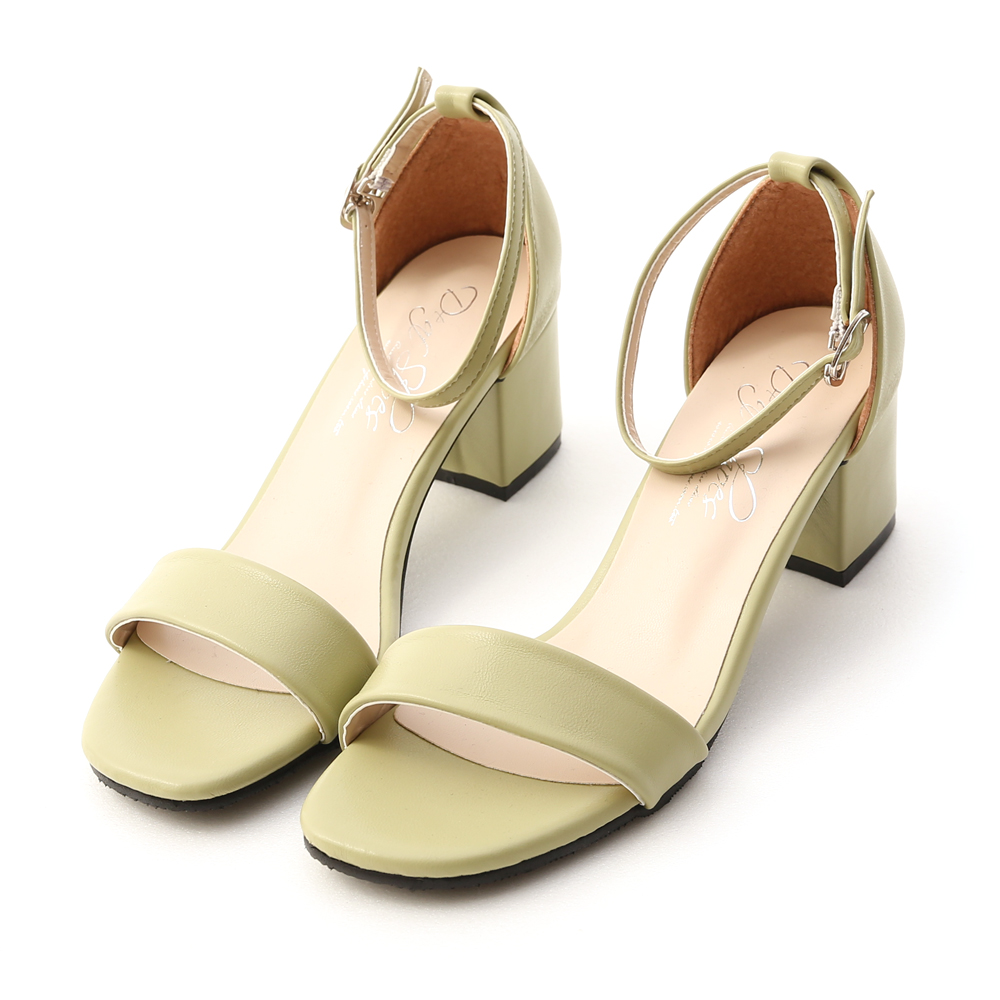 MIT Square Toe Ankle Strap Mid Heel Sandals Avocado Green