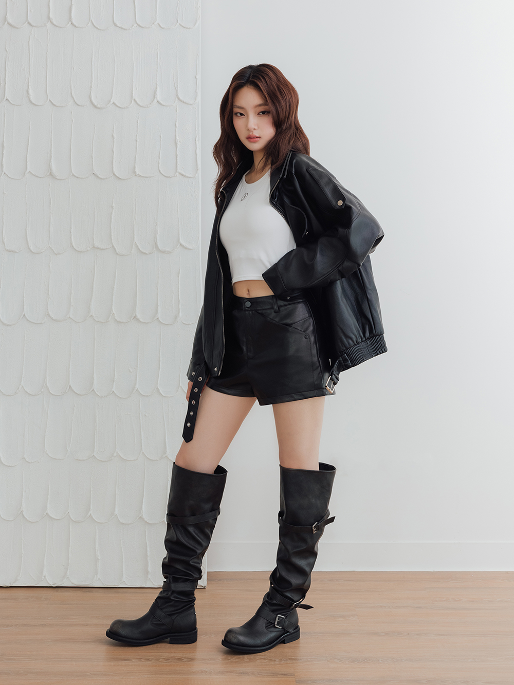 個性工裝風三穿法堆堆過膝長靴 黑色