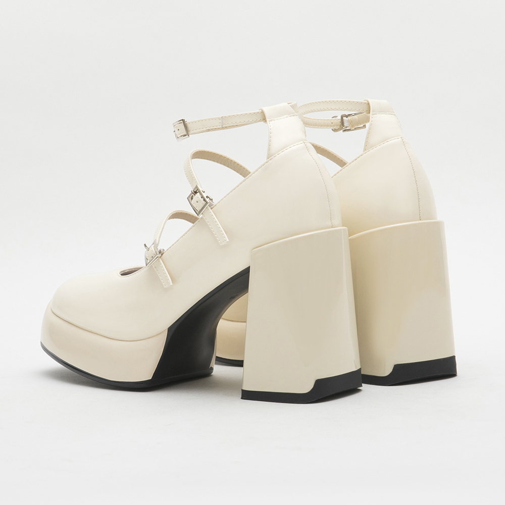 Three-Straps Platform Heel Mary Jane Shoes Ivory White