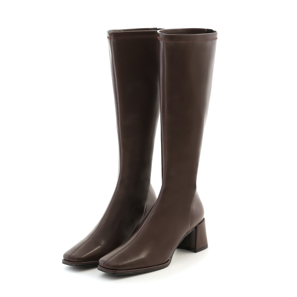 Plain Square Toe High-Heel Slimming Tall Boots Dark Brown