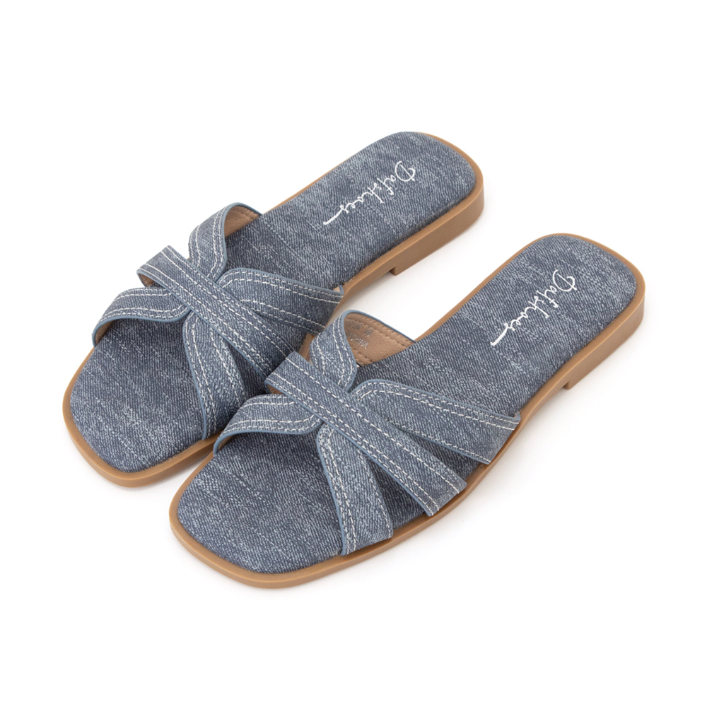慵懶假期立體車線平底拖鞋 牛仔藍