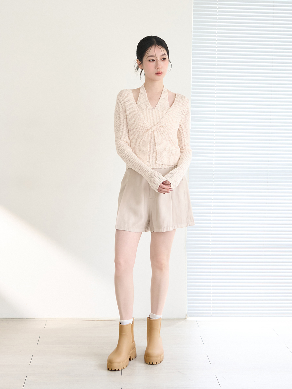 【機能鞋墊】鬆緊拼接內增高切爾西雨靴 杏色