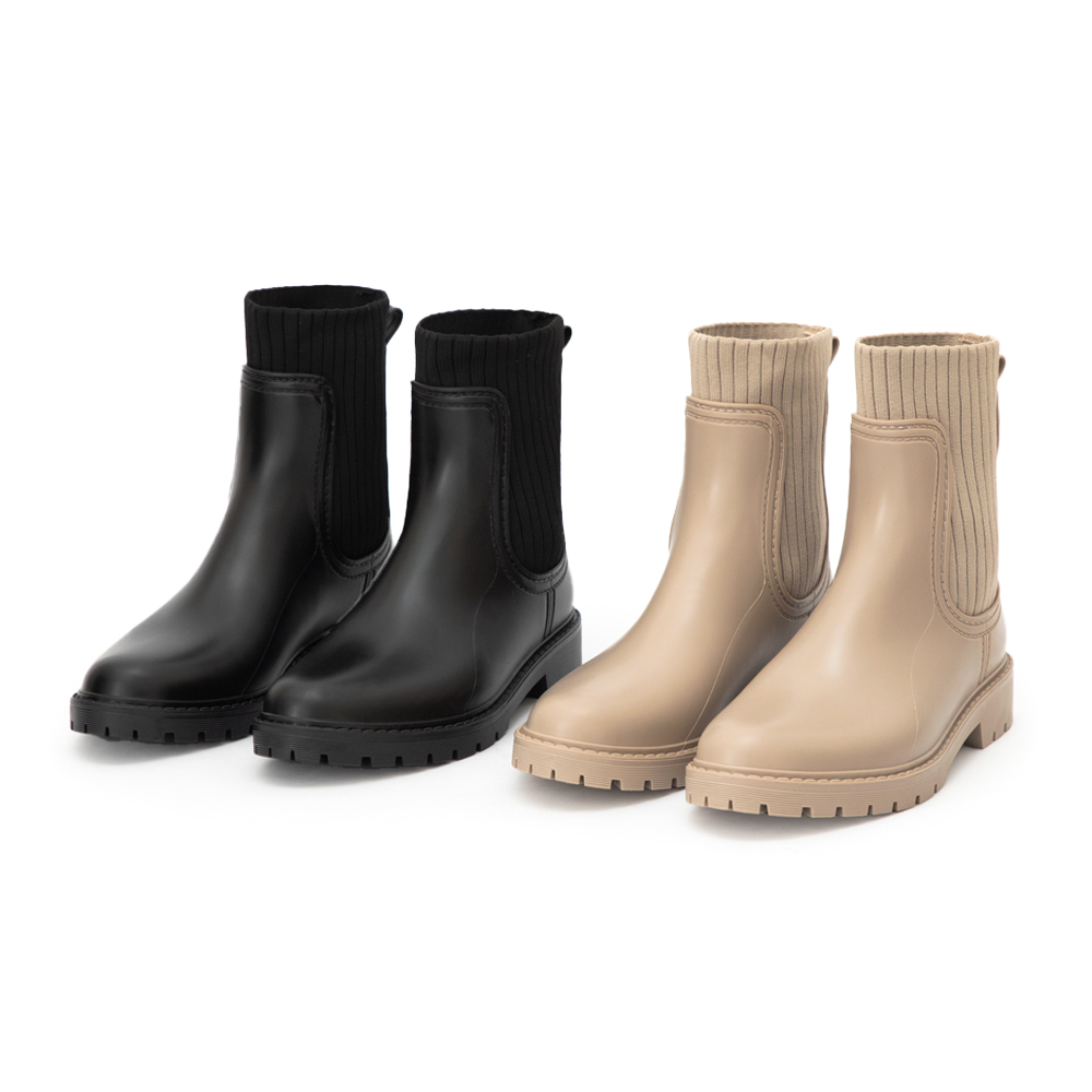 【機能鞋墊】針織拼接切爾西短筒雨靴 杏色