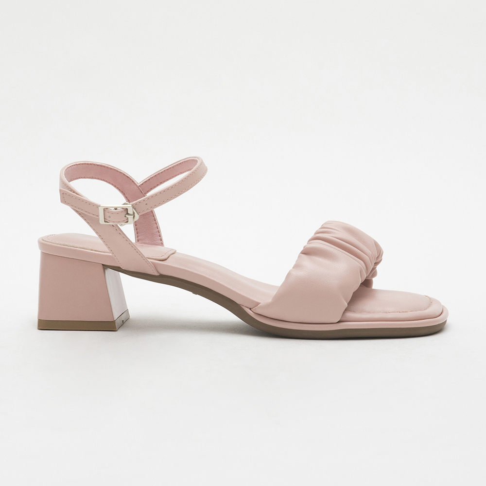 Ruched Puffy Cushioned Mid-Heel Sandals Pink
