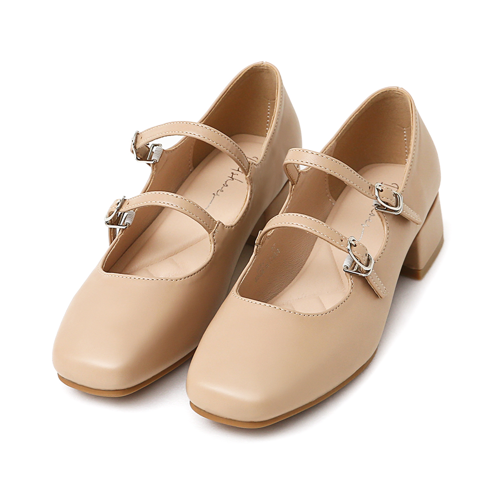 珍妮旋風．4D氣墊雙帶低跟瑪莉珍鞋 裸膚杏