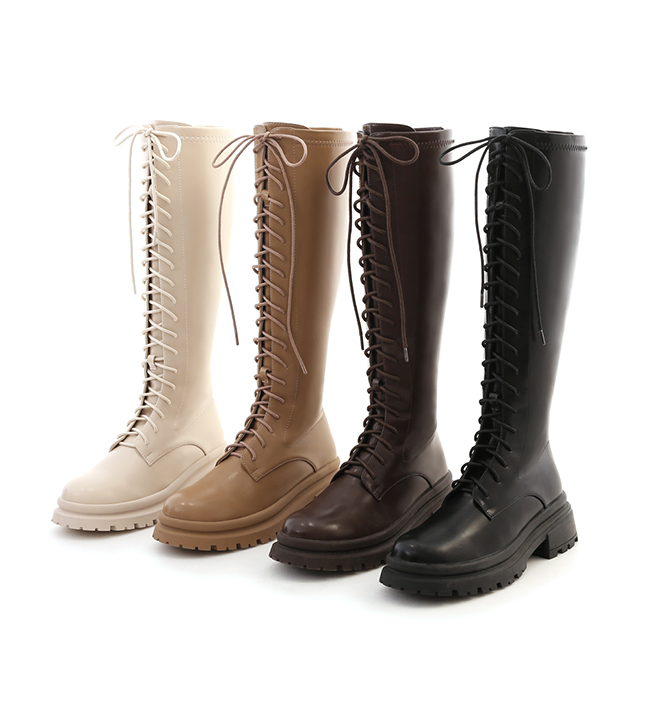 Round Toe Lace-Up Martin Tall Boots Black