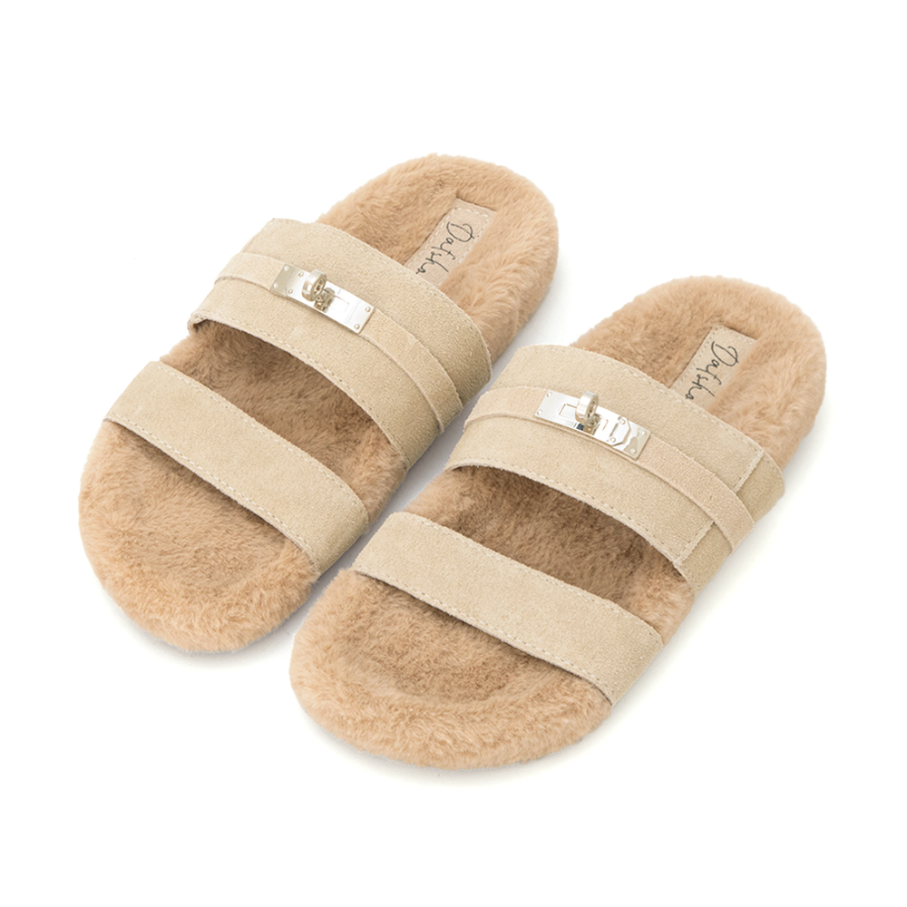 質感金屬鎖釦真皮毛毛拖鞋 米色