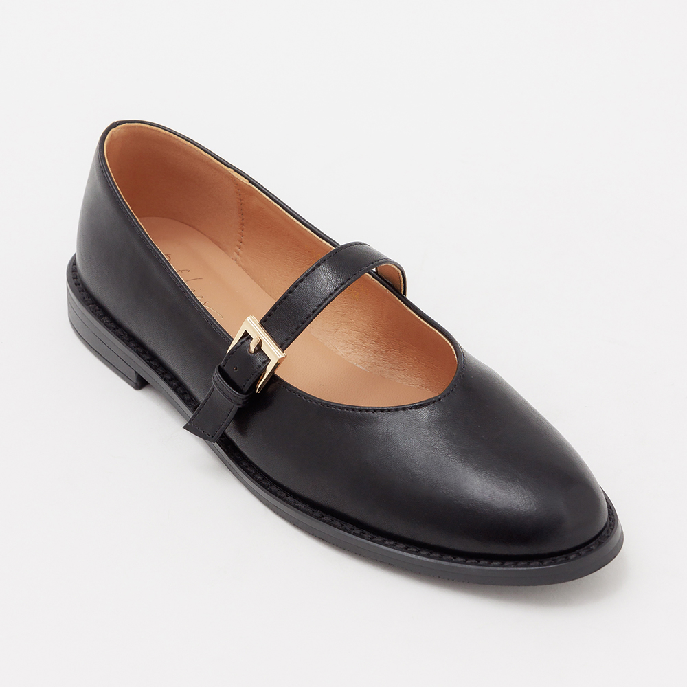Microfiber Pointed Toe Flat Mary Jane Shoes Black