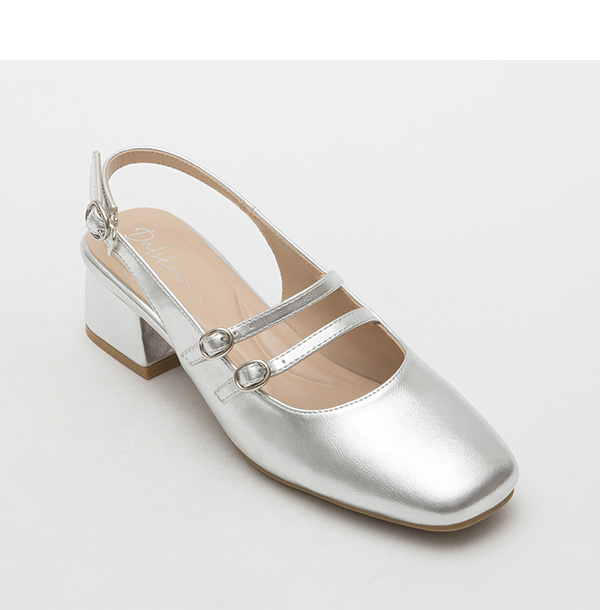 Patent Leather Double Strap Low-Heel Slingback Mary Jane Shoes Silver