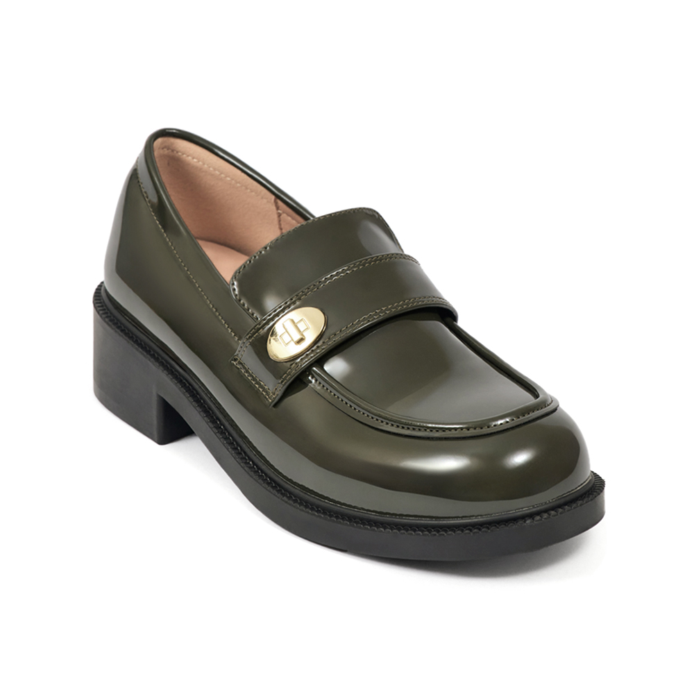 Gold Buckle Round-Toe Loafers Green