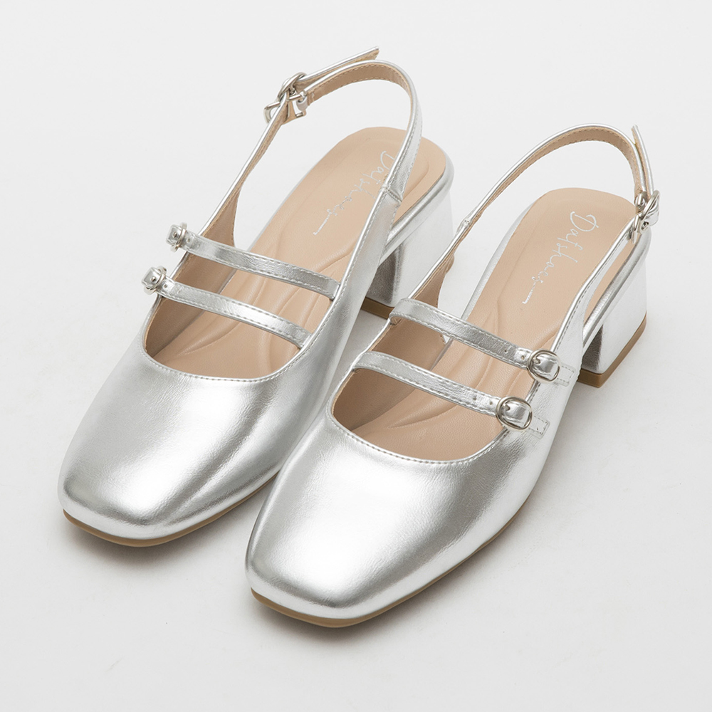 Patent Leather Double Strap Low-Heel Slingback Mary Jane Shoes Silver