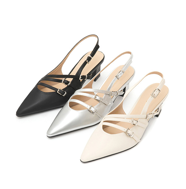 Three-Strap Pointed-Toe Slingback Heels Silver