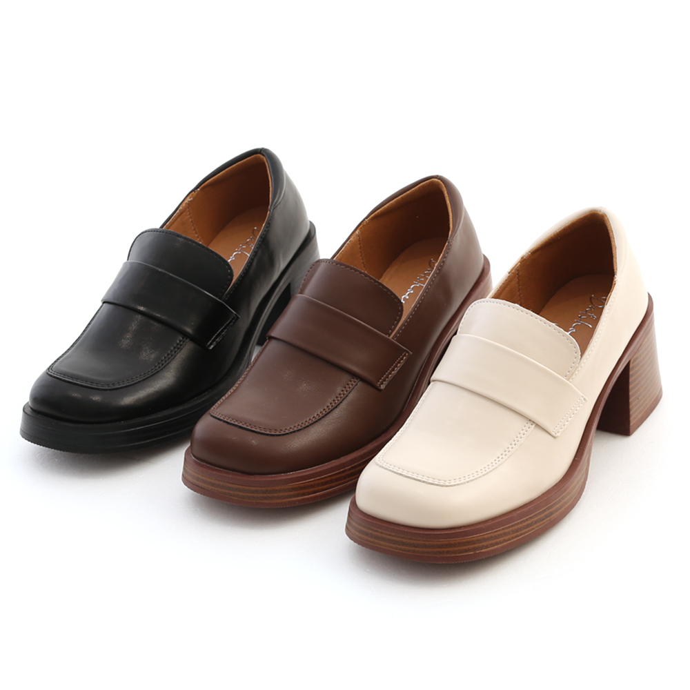 Classic Wooden High Heel Loafers Black