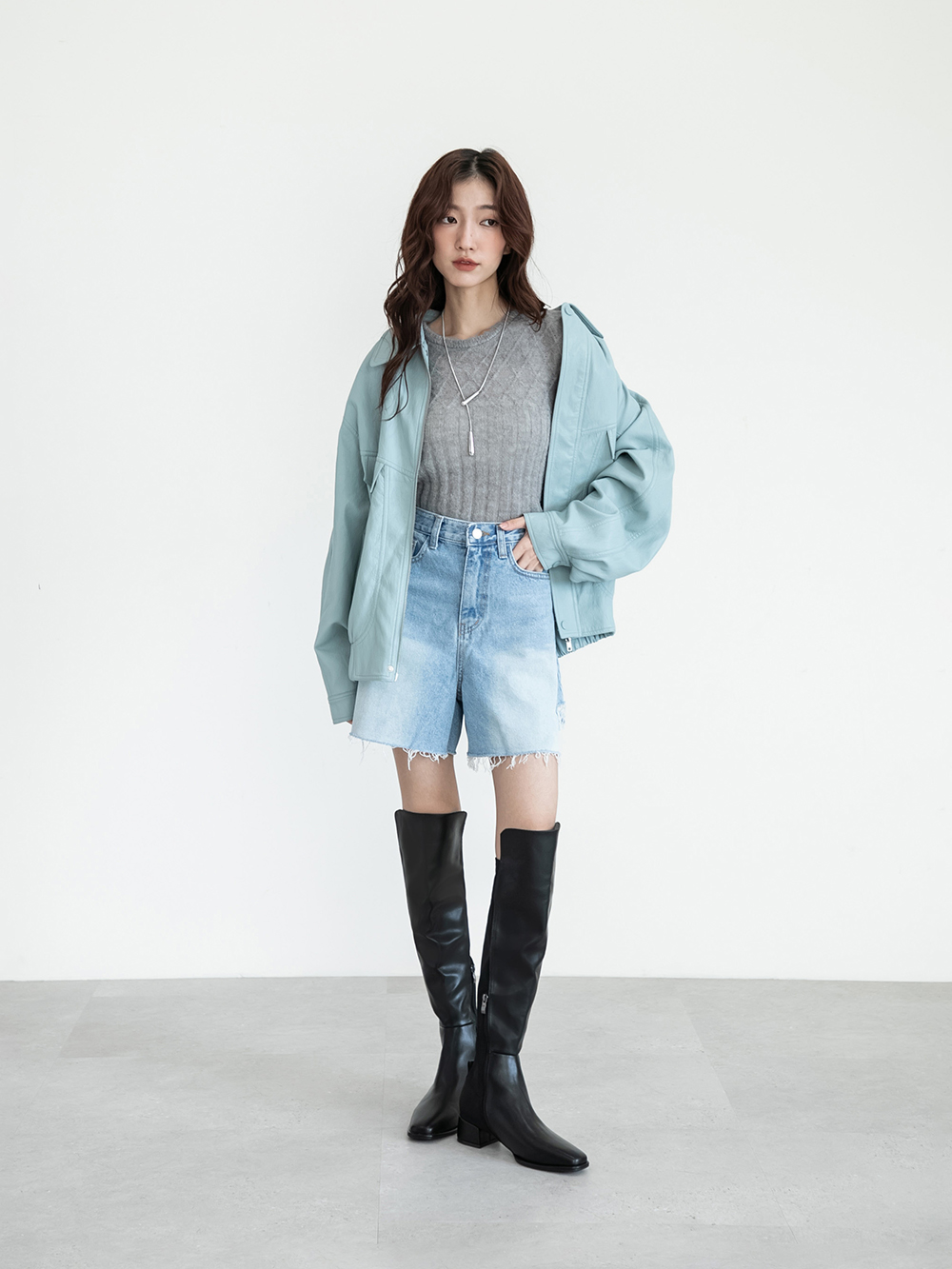 百變主題顯瘦拼接膝上長靴 黑色