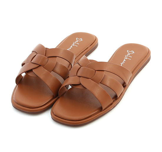 Woven Square Toe Flat Sandals Brown