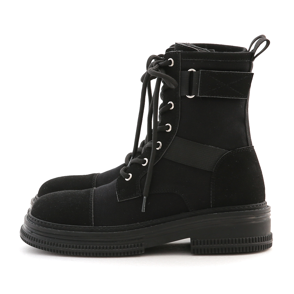 Stitching Lace-Up Biker Boots Black