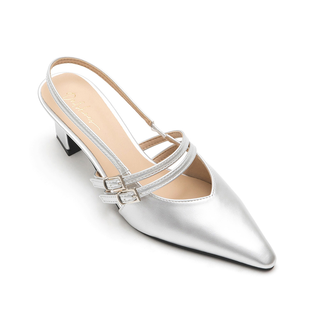 Pointed Toe Double Strap Slingback Heels Silver