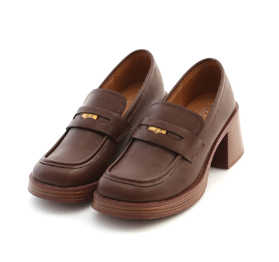 Lucky Gold Coin Wooden Heel Loafers Dark Brown