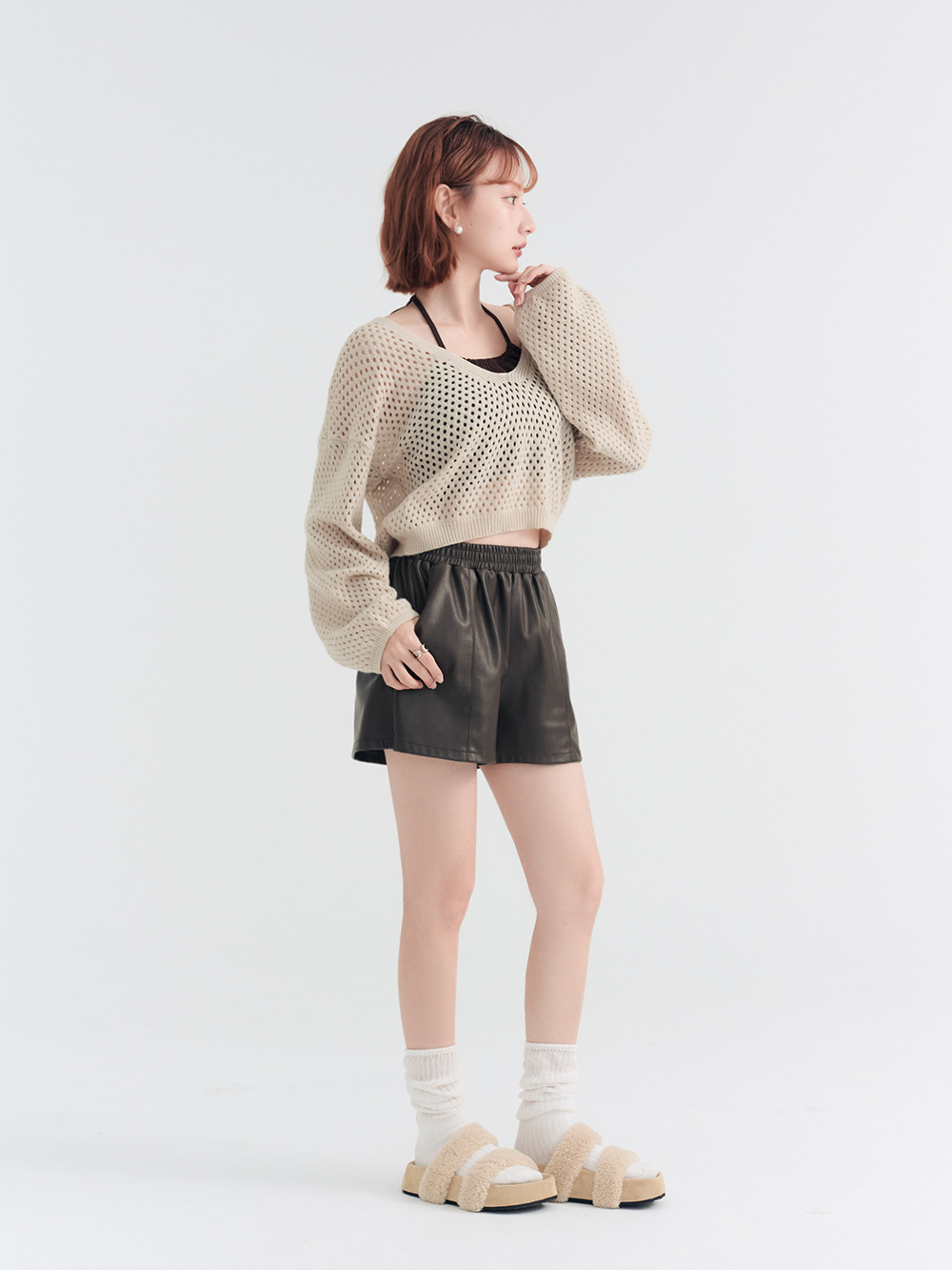 QQ小捲毛一字雙帶厚底拖鞋 杏色