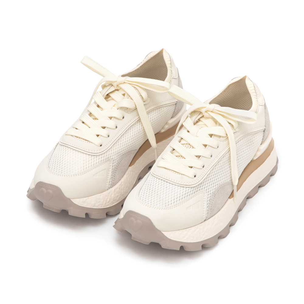 韓潮拼色輕量厚底增高休閒鞋 米白色