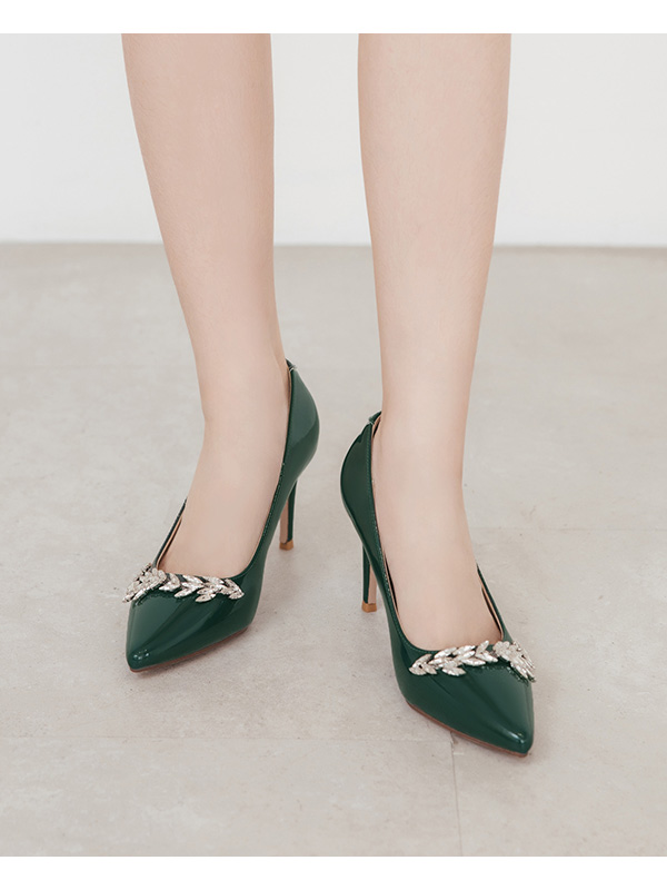 Glamour Gem-Embellished Patent Leather 8cm Heels Green