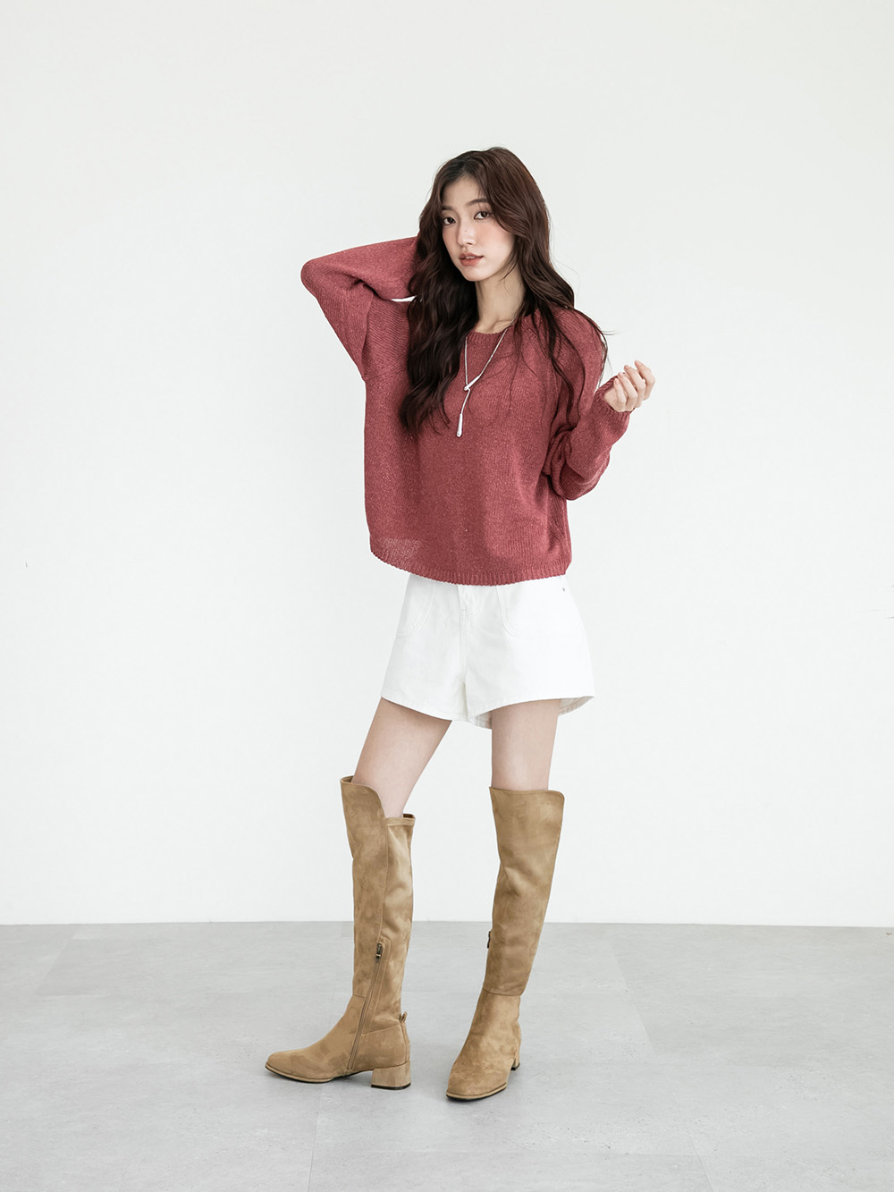 百變主題顯瘦拼接膝上長靴 卡其色