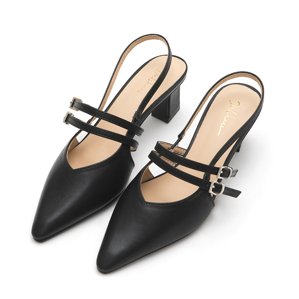 Pointed Toe Double Strap Slingback Heels Black
