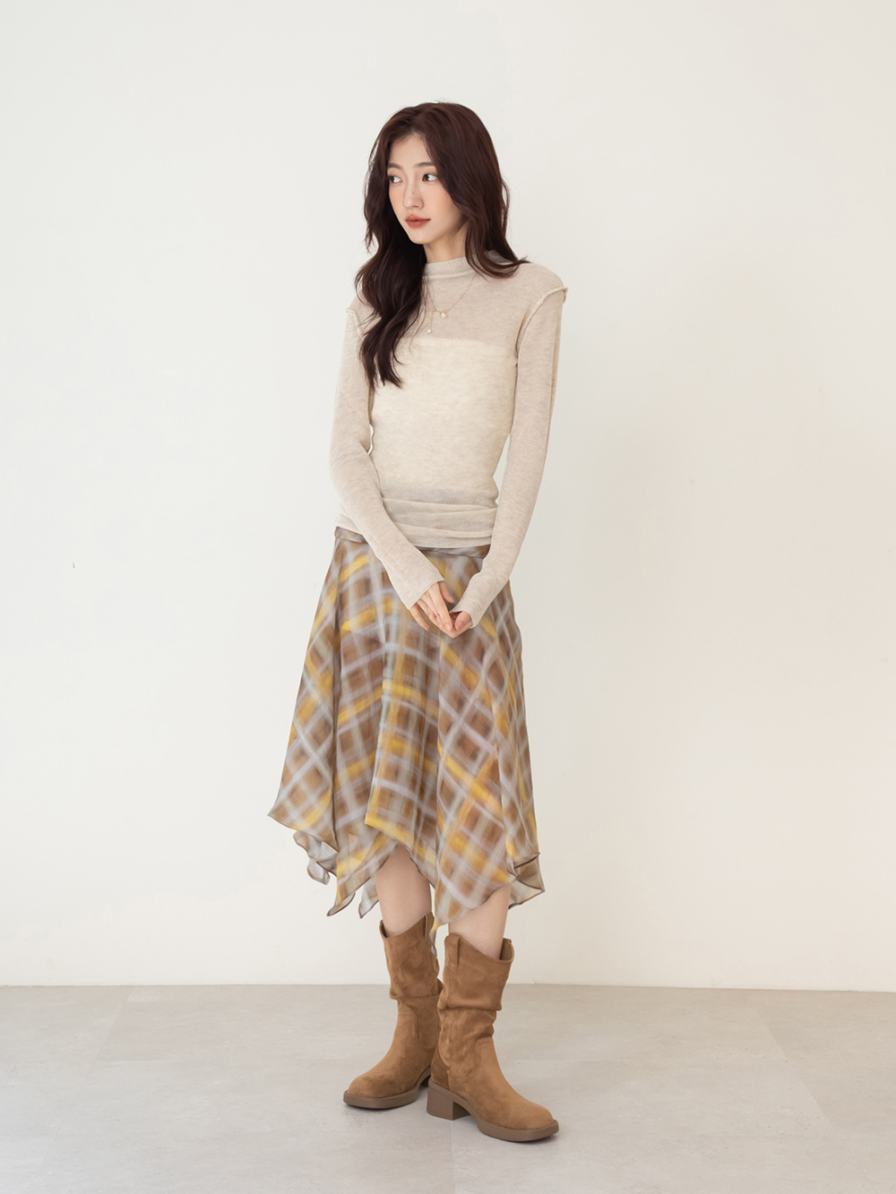 嬉皮小V口抓皺西部堆堆靴 棕色