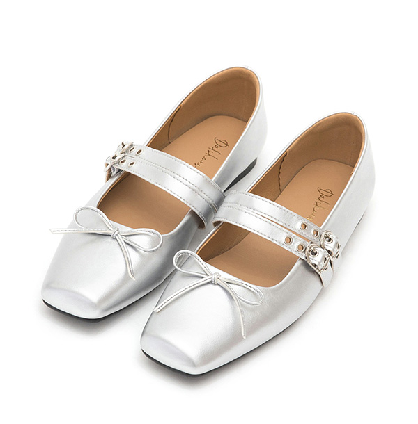 Punk Metal Double Buckle Ballet Flats Silver