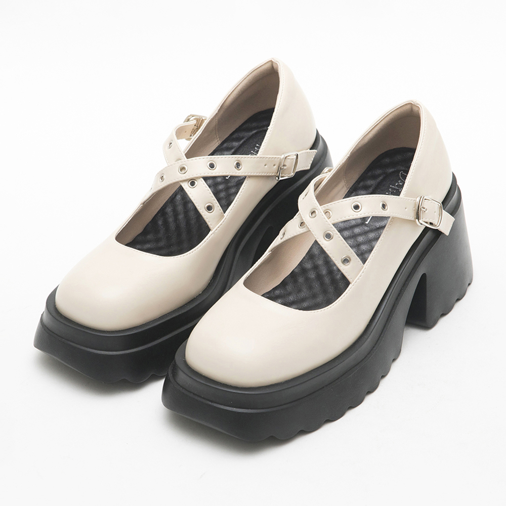 Metallic Cross-Straps Thick Sole Mary Jane Shoes Vanilla