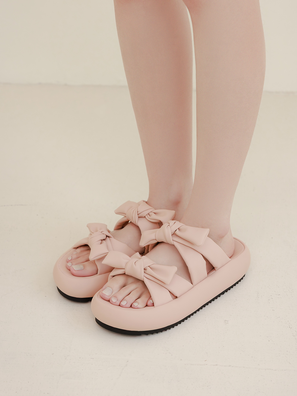 可愛雙蝴蝶結胖胖底氣墊拖鞋 粉