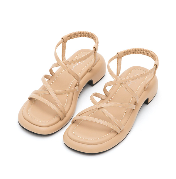 Cross-Strap Low-Heeled Sandals Beige