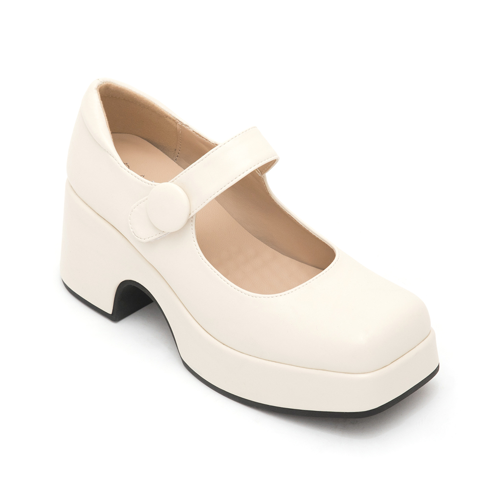 Square-Toe Thick-Soled Mary Jane Shoes Vanilla