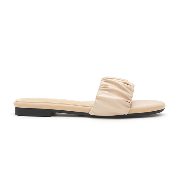 Satin Ruched Details  Flat Slides Beige