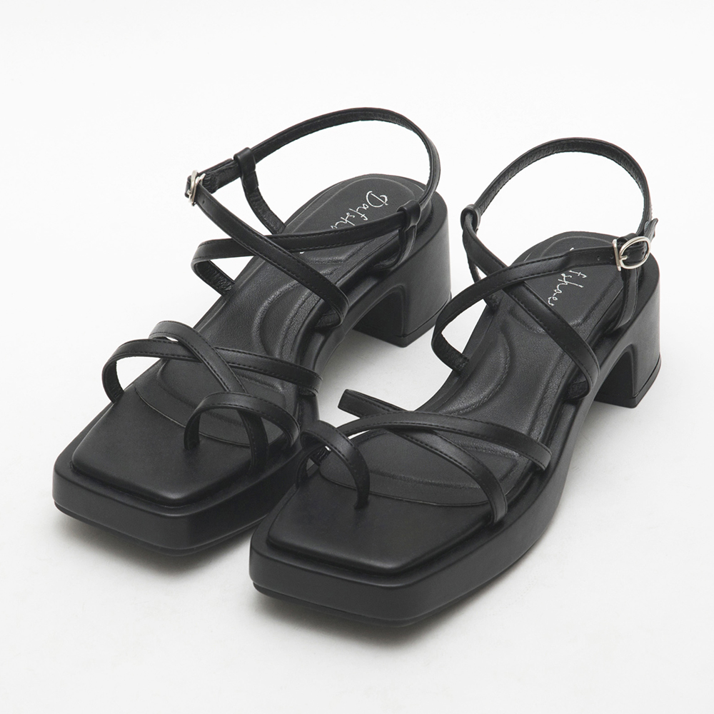 Multilayered Thin Strap Mid-Heel Sandals Black