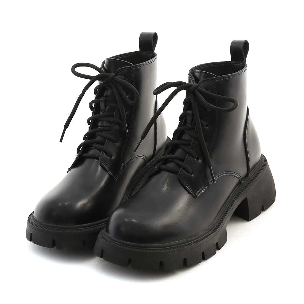 Round Toe Lace-Up Mid-Heel Martin Boots Black
