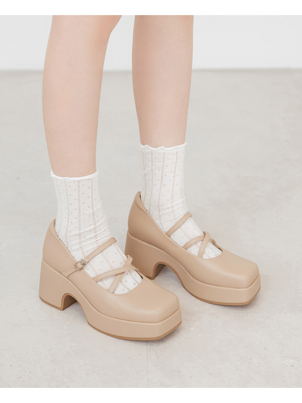 Square-Toe Cross-Strap Mary Jane Shoes Beige