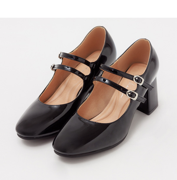 4D Cushioned Double-Straps High Heel Mary Janes Shoes Black