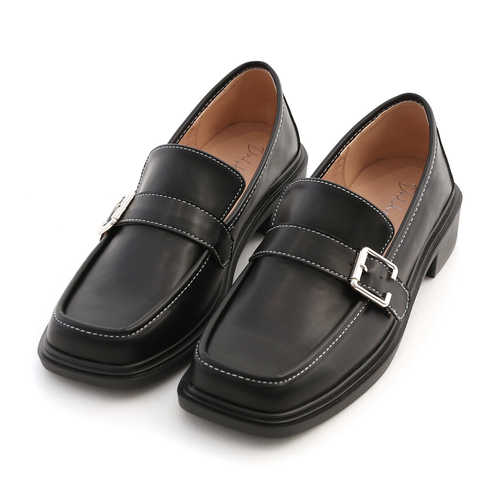 Square Toe Buckle Loafers Black