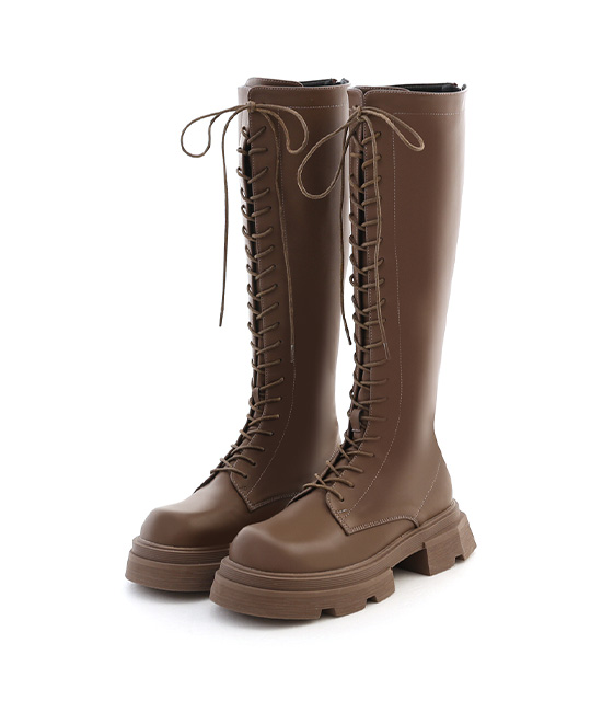 Thick Sole Lace-Up Martin Tall Boots Brown