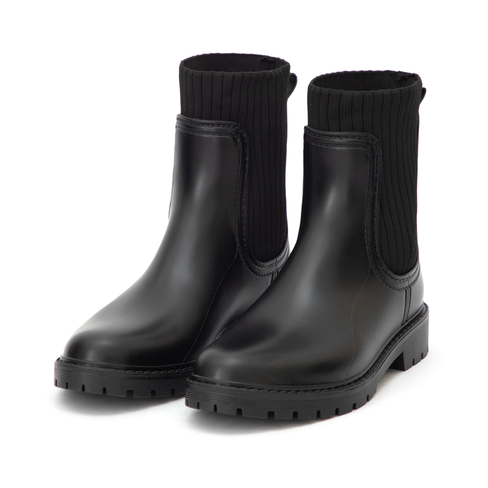 【機能鞋墊】針織拼接切爾西短筒雨靴 黑色