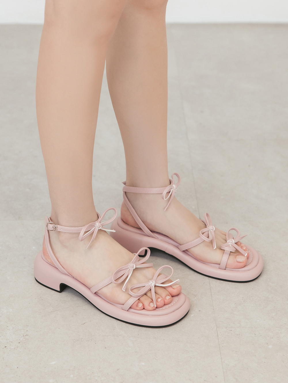 可愛三條帶蝴蝶結低跟涼鞋 粉