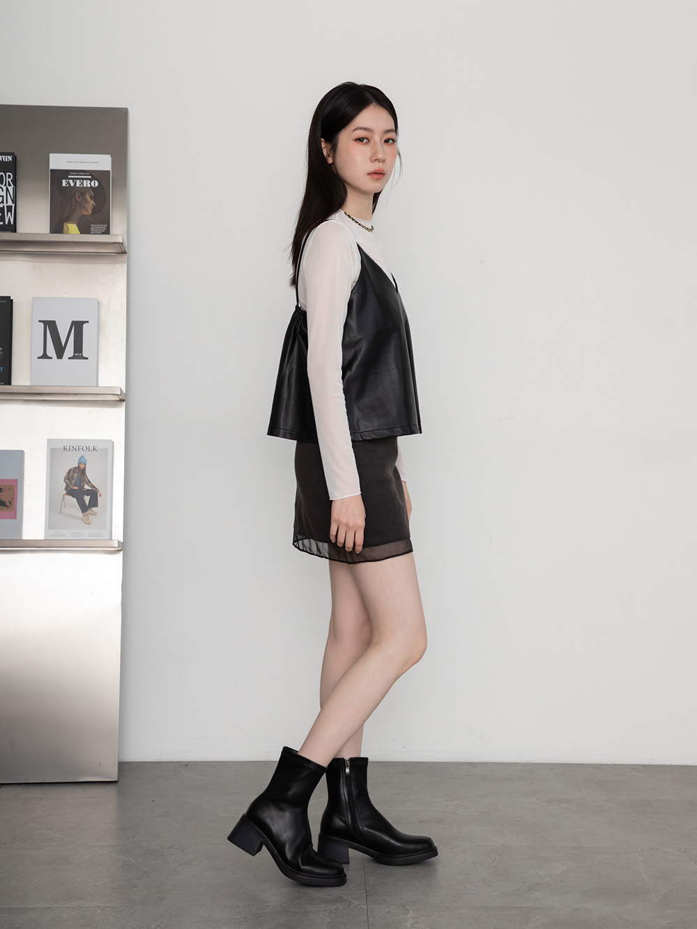 美拍風格方頭木紋跟瘦瘦靴 黑