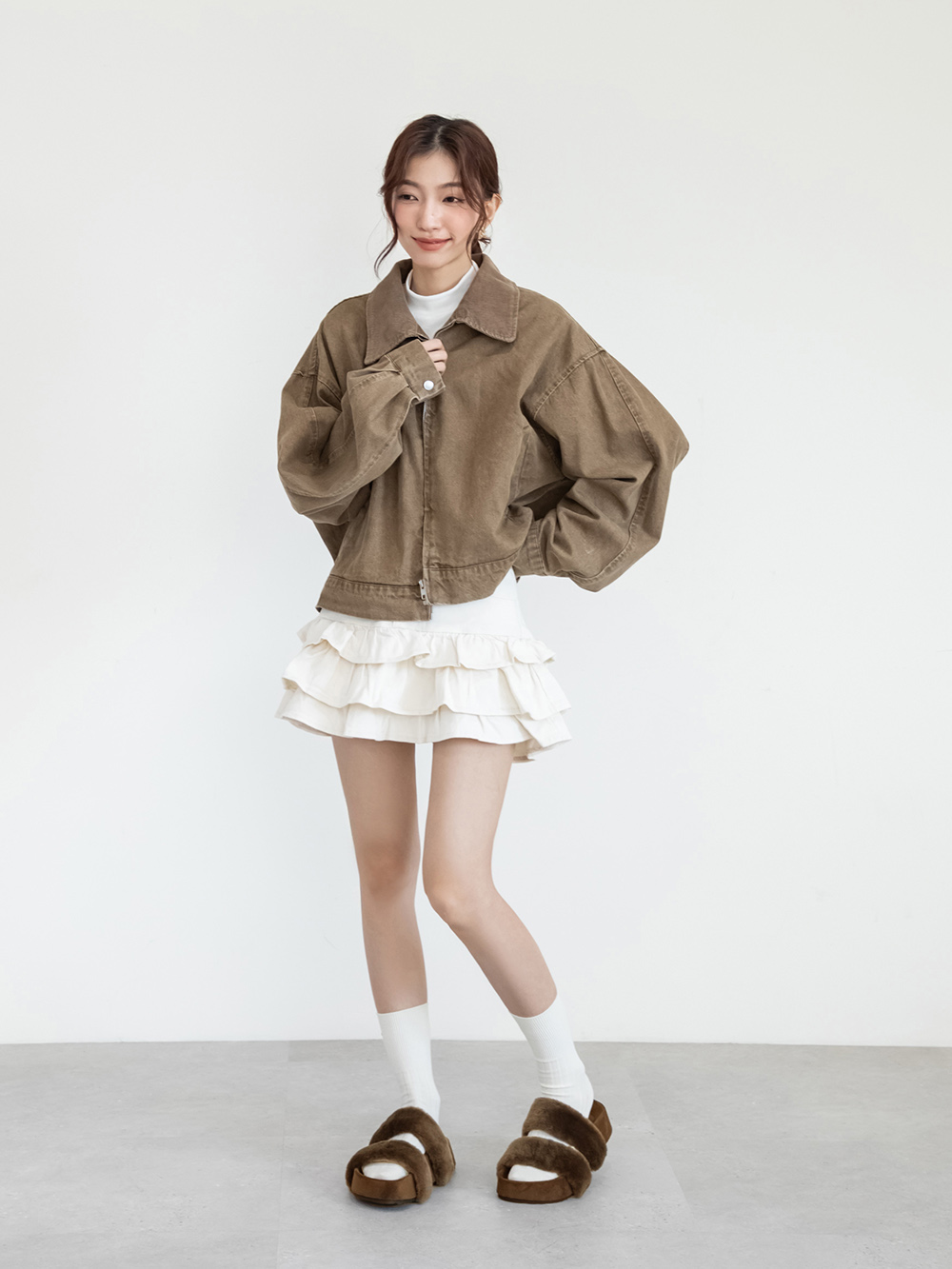 軟萌毛毛一字雙帶厚底拖鞋 咖色